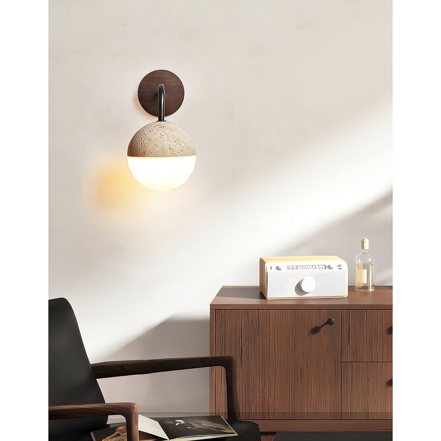 Tia Travertine Wall Lamp - Solid Wood & Natural Travertine Wall Sconce | Modern Organic Iron Arm Light