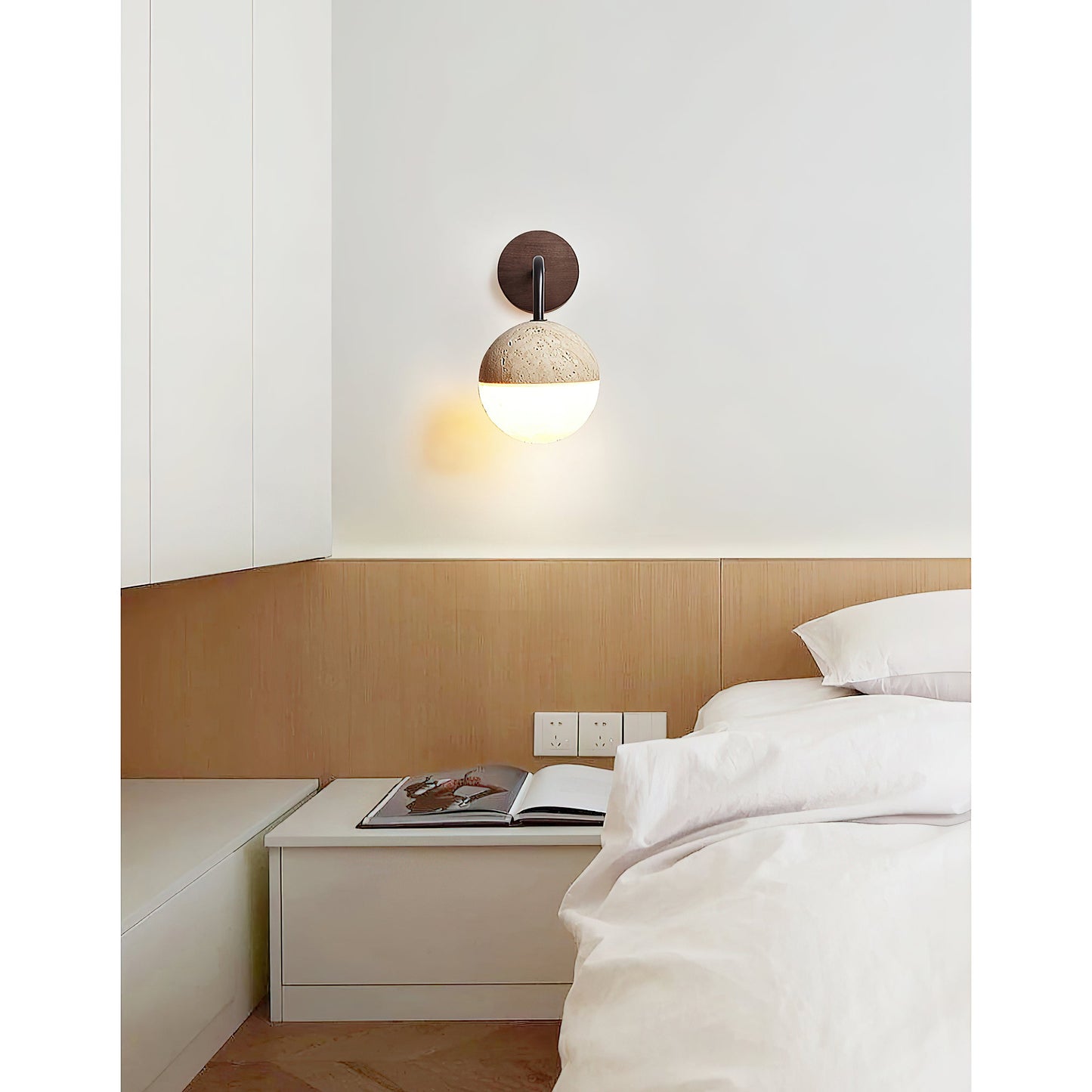 Tia Travertine Wall Lamp - Solid Wood & Natural Travertine Wall Sconce | Modern Organic Iron Arm Light