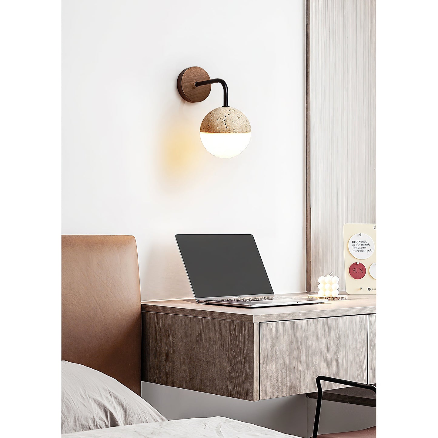 Tia Travertine Wall Lamp - Solid Wood & Natural Travertine Wall Sconce | Modern Organic Iron Arm Light