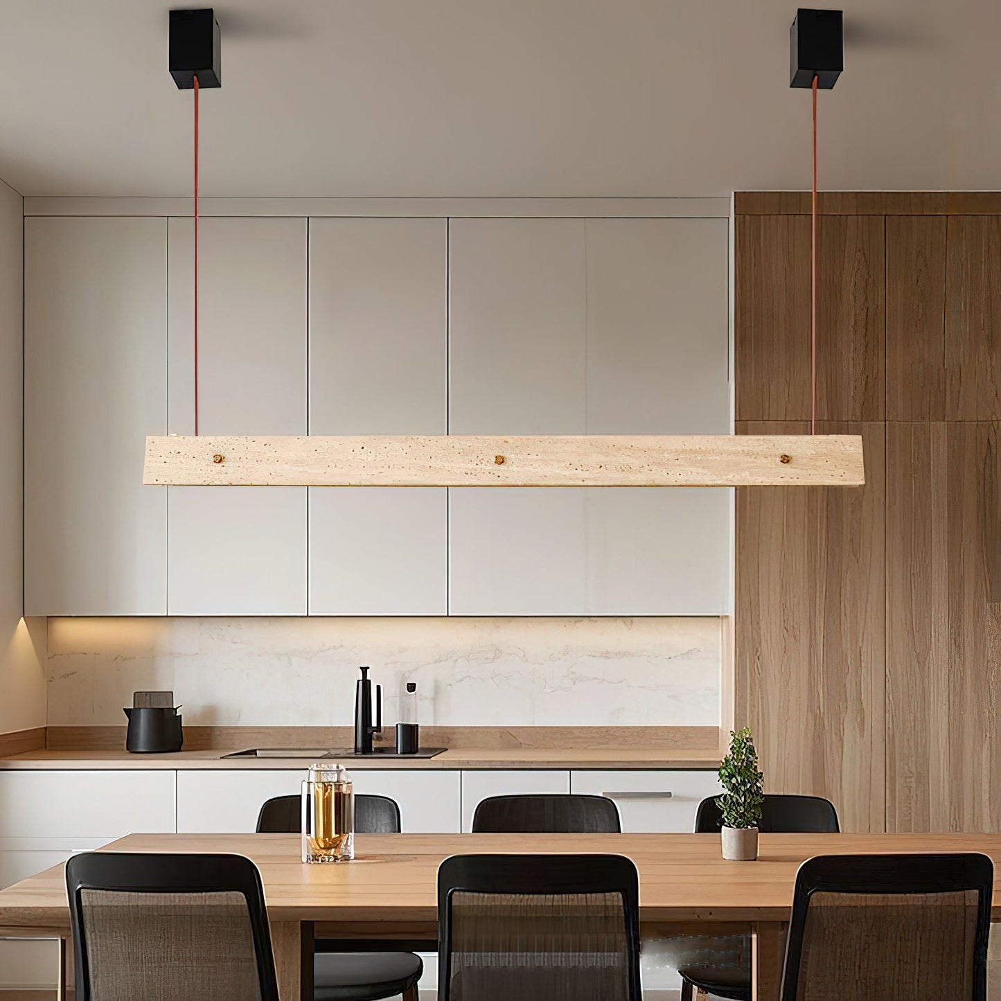 Tile Linear Pendant Lamp - Natural Travertine & Leather LED Pendant Light | Modern Linear Dining Island Chandelier