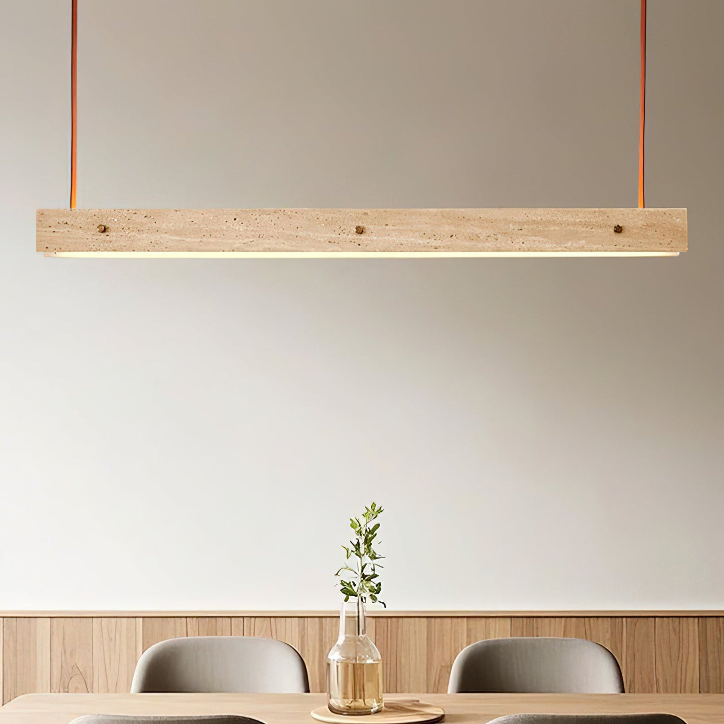 Tile Linear Pendant Lamp - Natural Travertine & Leather LED Pendant Light | Modern Linear Dining Island Chandelier