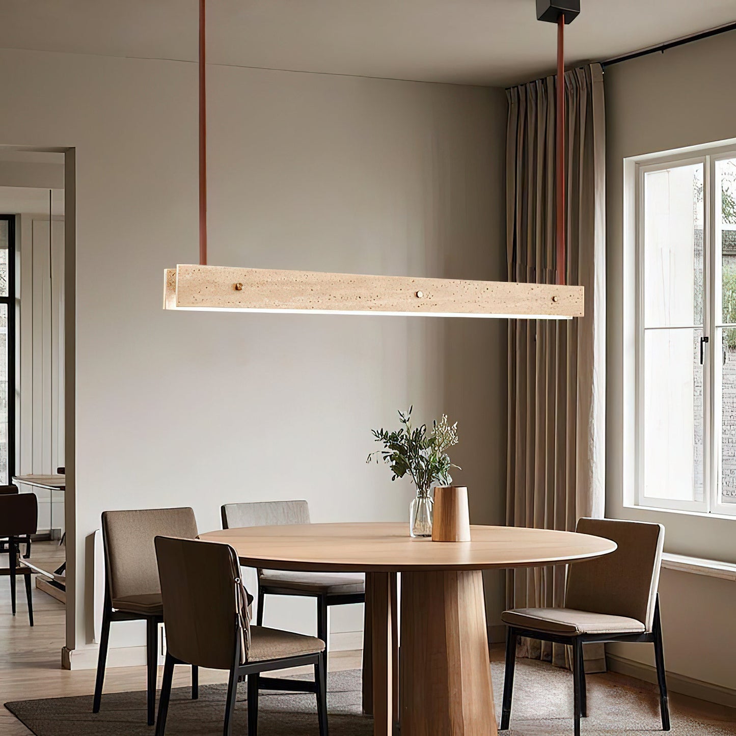 Tile Linear Pendant Lamp - Natural Travertine & Leather LED Pendant Light | Modern Linear Dining Island Chandelier