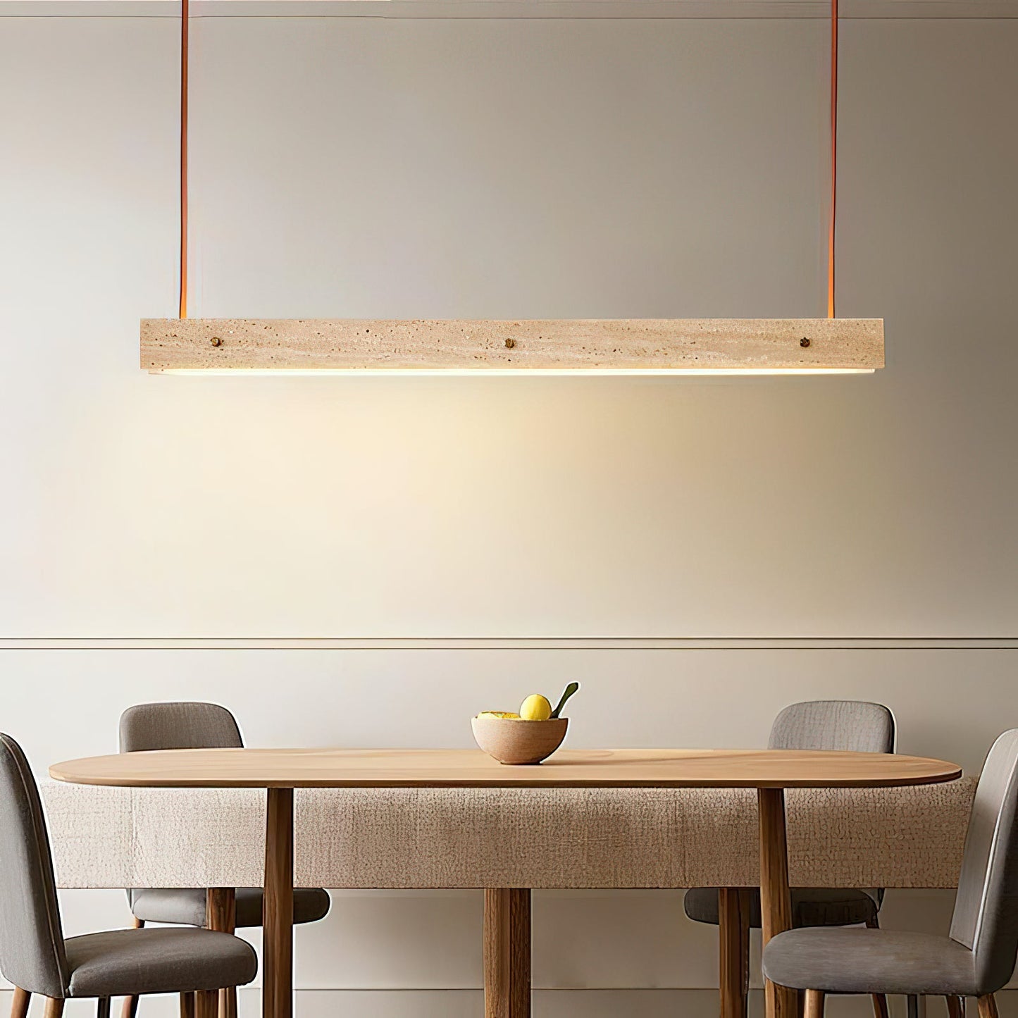 Tile Linear Pendant Lamp - Natural Travertine & Leather LED Pendant Light | Modern Linear Dining Island Chandelier