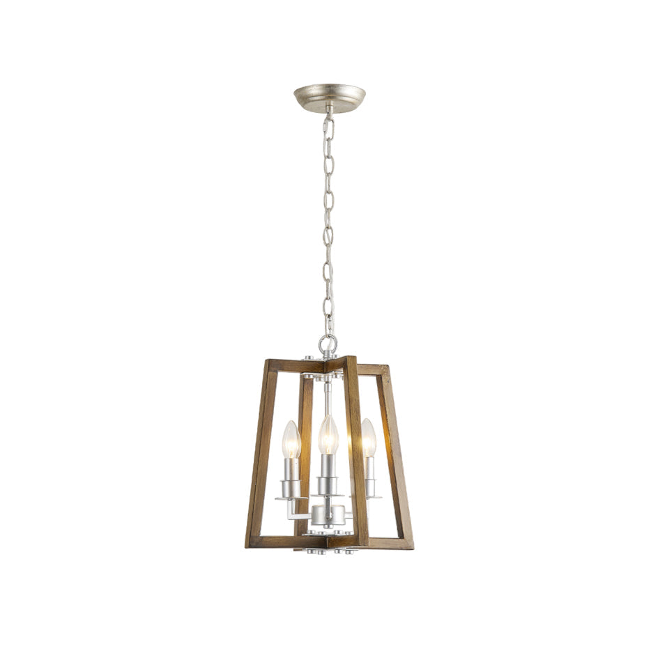 Tinsley Open Frame Pendant Lamp - 3-Light Art Deco Iron & Wood Pendant | Silver Leaf Open Cage Foyer Light