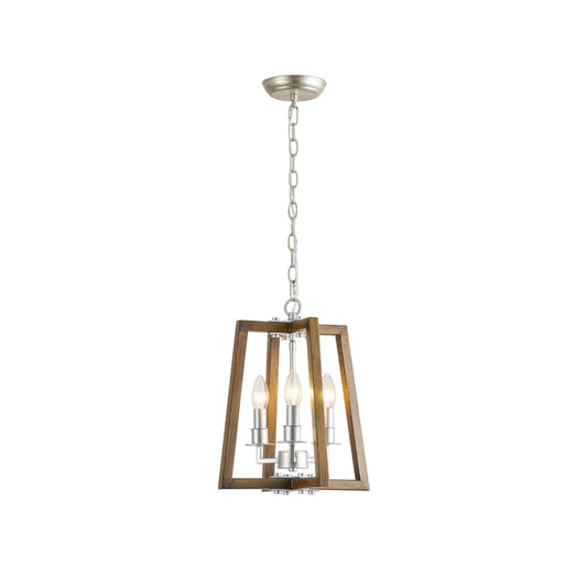 Tinsley Open Frame Pendant Lamp - 3-Light Art Deco Iron & Wood Pendant | Silver Leaf Open Cage Foyer Light