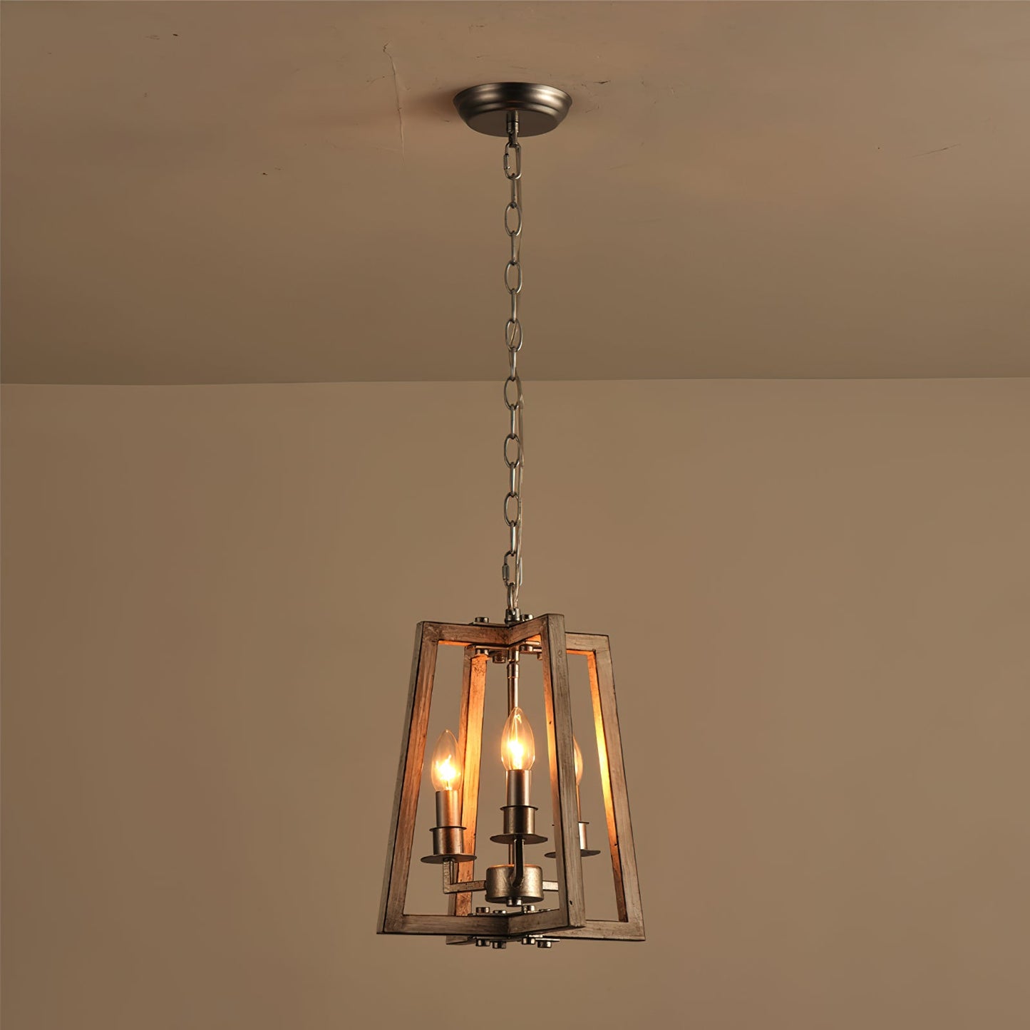 Tinsley Open Frame Pendant Lamp - 3-Light Art Deco Iron & Wood Pendant | Silver Leaf Open Cage Foyer Light