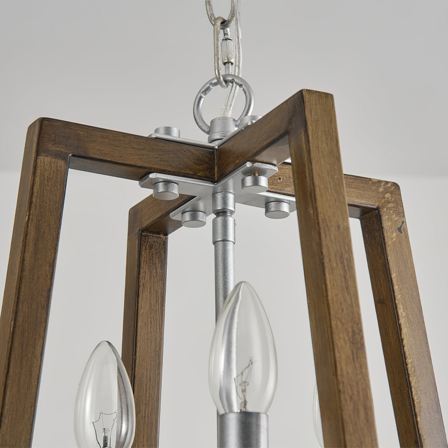 Tinsley Open Frame Pendant Lamp - 3-Light Art Deco Iron & Wood Pendant | Silver Leaf Open Cage Foyer Light