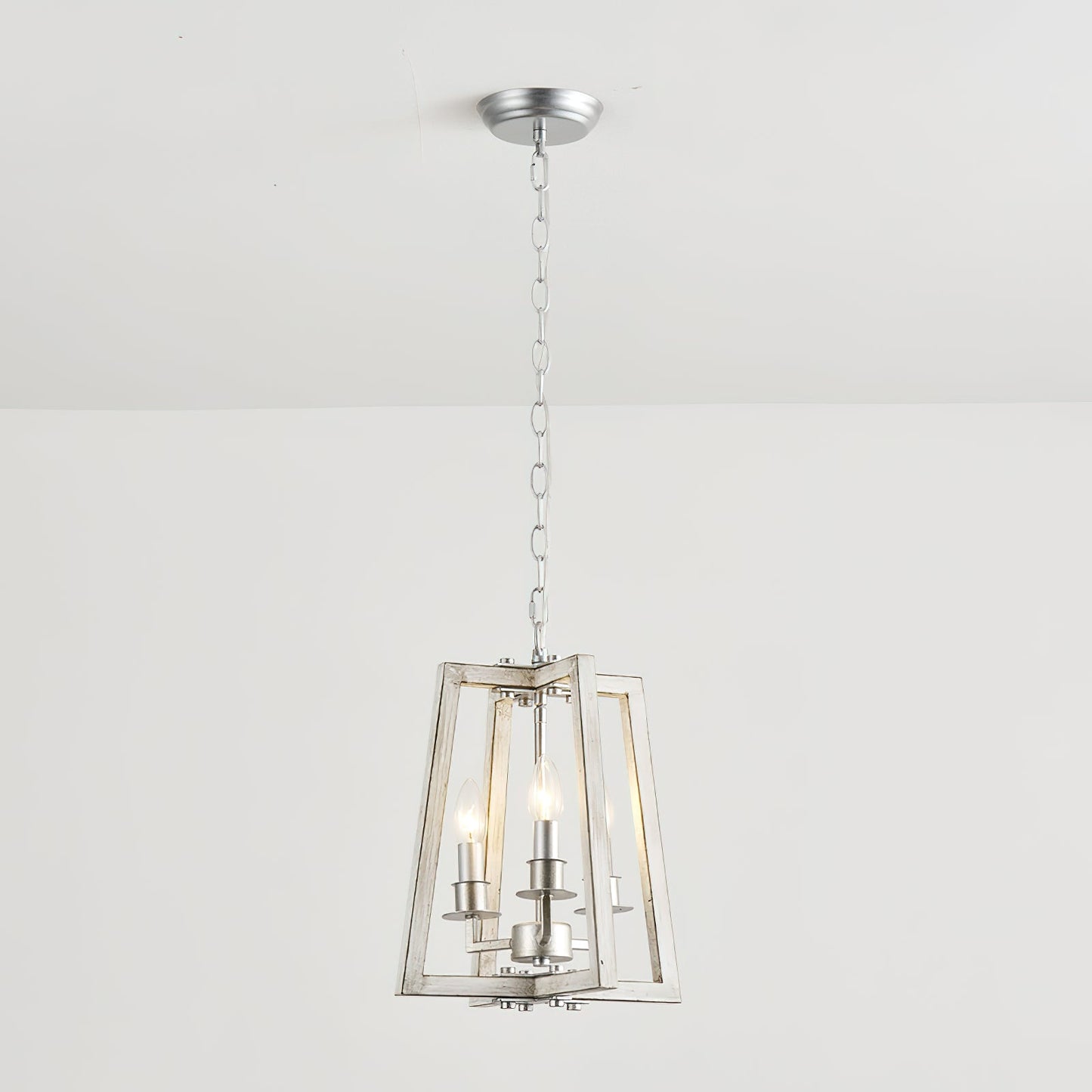 Tinsley Open Frame Pendant Lamp - 3-Light Art Deco Iron & Wood Pendant | Silver Leaf Open Cage Foyer Light