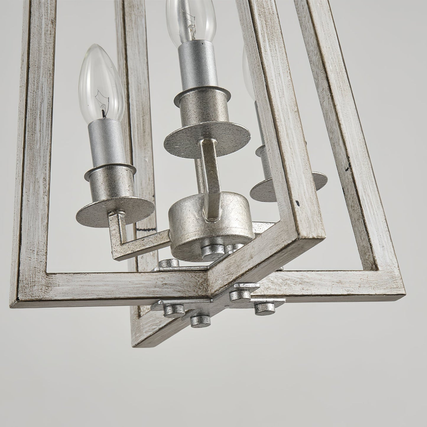 Tinsley Open Frame Pendant Lamp - 3-Light Art Deco Iron & Wood Pendant | Silver Leaf Open Cage Foyer Light