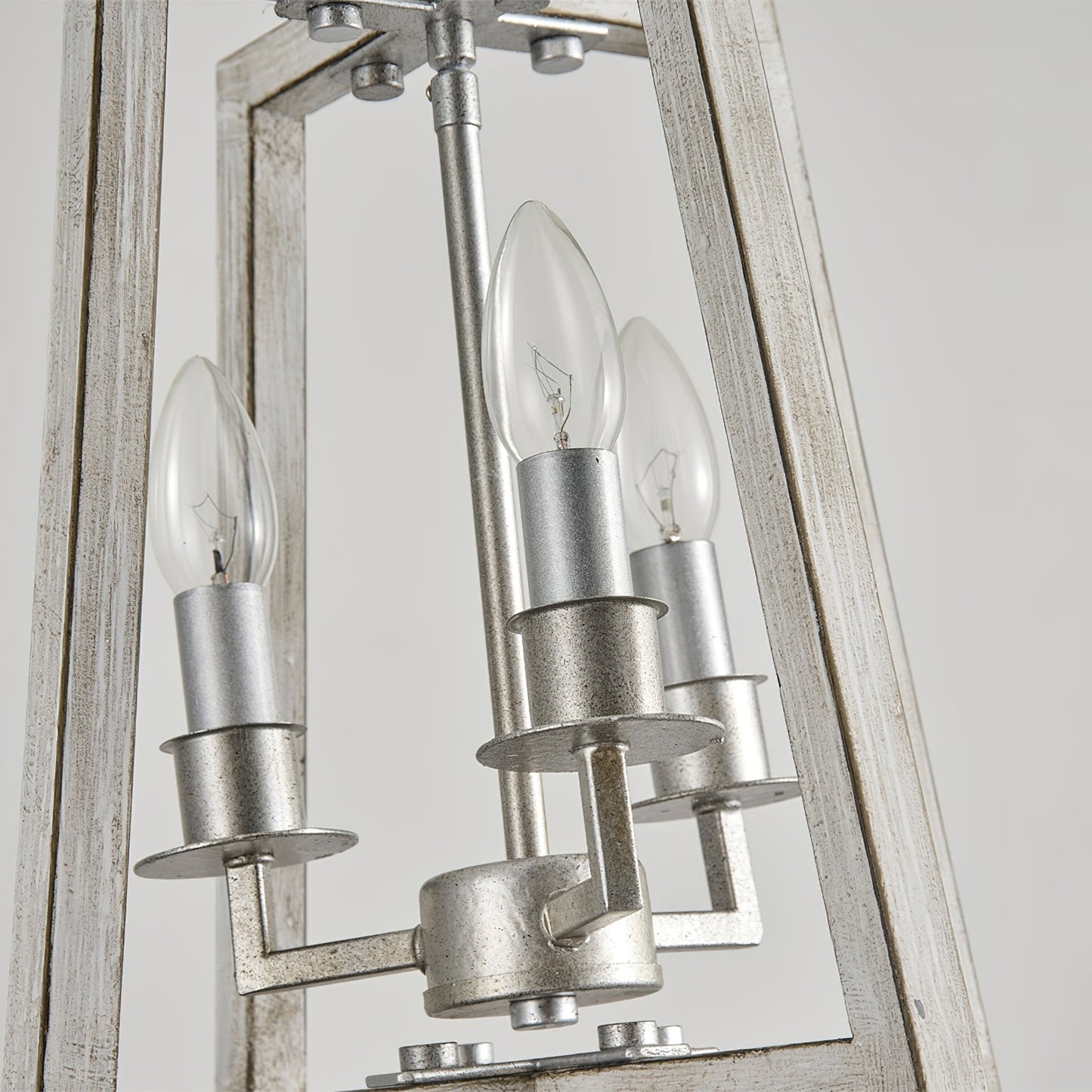 Tinsley Open Frame Pendant Lamp - 3-Light Art Deco Iron & Wood Pendant | Silver Leaf Open Cage Foyer Light