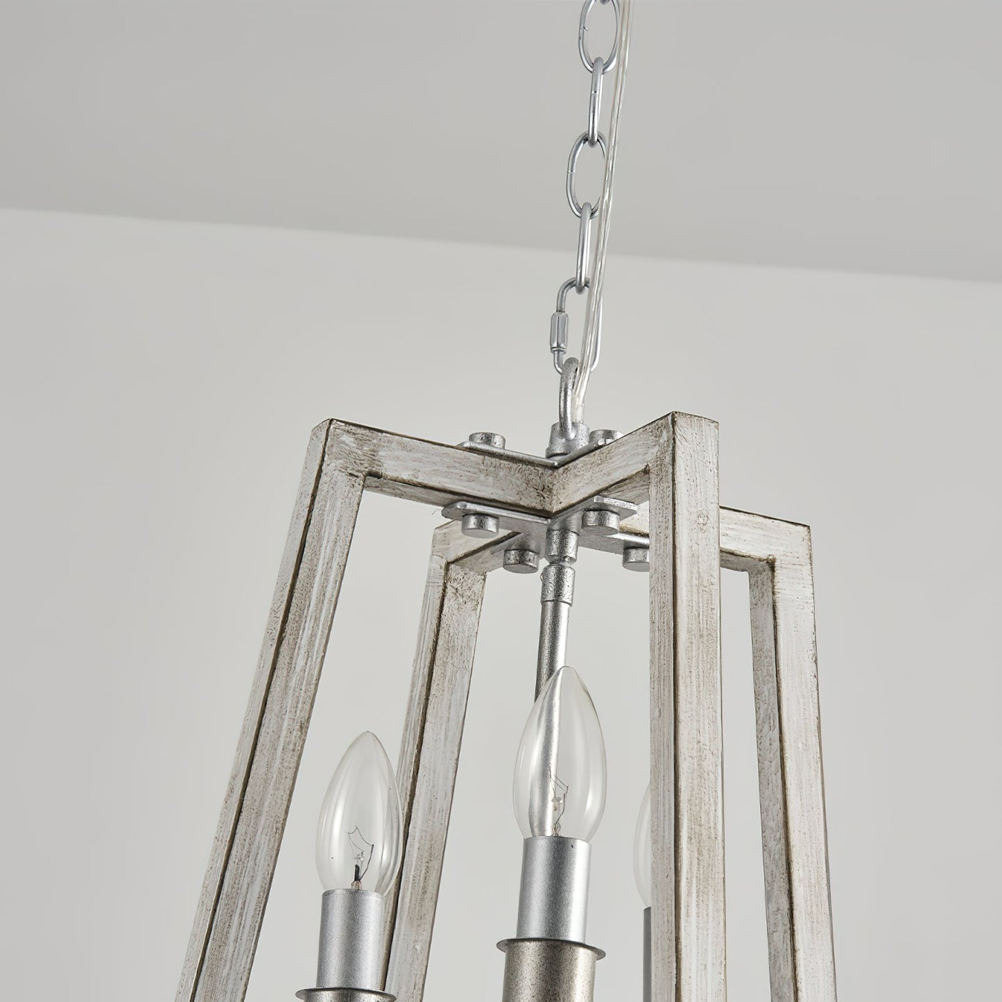 Tinsley Open Frame Pendant Lamp - 3-Light Art Deco Iron & Wood Pendant | Silver Leaf Open Cage Foyer Light
