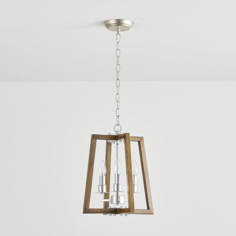 Tinsley Open Frame Pendant Lamp - 3-Light Art Deco Iron & Wood Pendant | Silver Leaf Open Cage Foyer Light