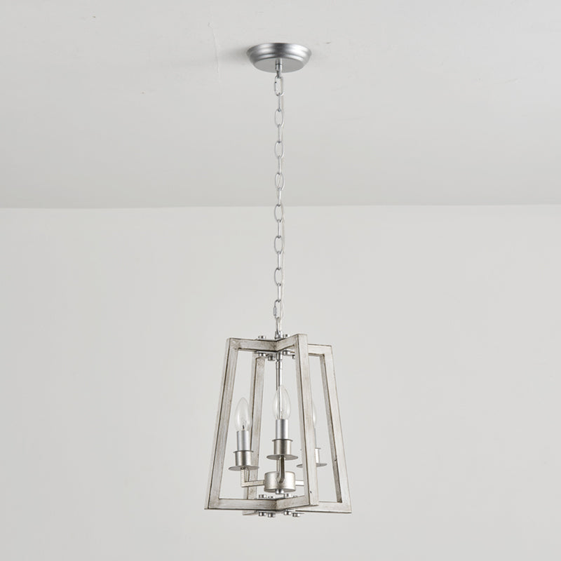 Tinsley Open Frame Pendant Lamp - 3-Light Art Deco Iron & Wood Pendant | Silver Leaf Open Cage Foyer Light