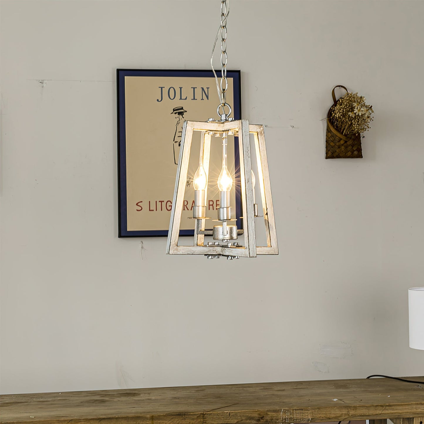 Tinsley Open Frame Pendant Lamp - 3-Light Art Deco Iron & Wood Pendant | Silver Leaf Open Cage Foyer Light