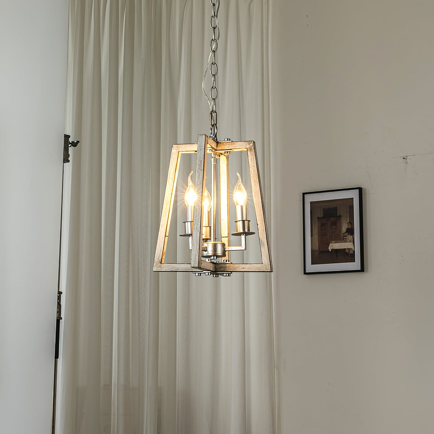 Tinsley Open Frame Pendant Lamp - 3-Light Art Deco Iron & Wood Pendant | Silver Leaf Open Cage Foyer Light