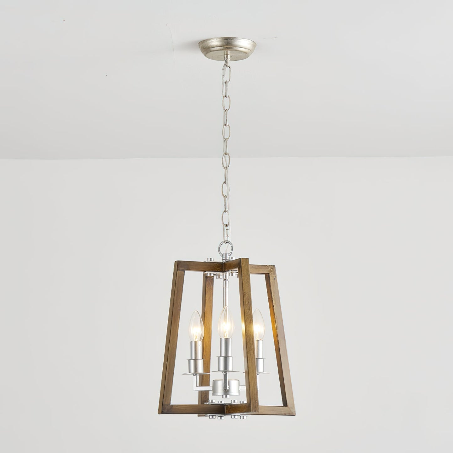 Tinsley Open Frame Pendant Lamp - 3-Light Art Deco Iron & Wood Pendant | Silver Leaf Open Cage Foyer Light