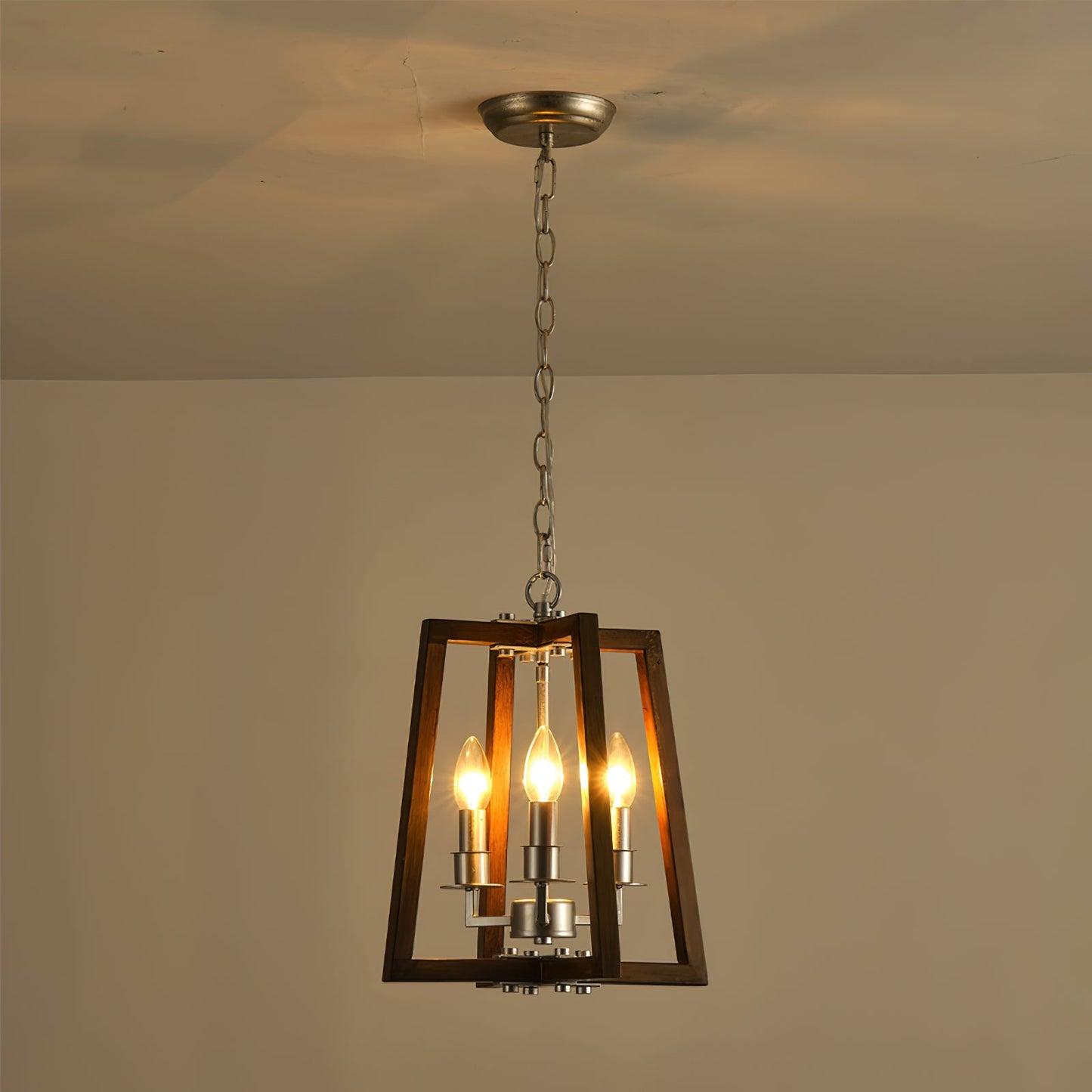 Tinsley Open Frame Pendant Lamp - 3-Light Art Deco Iron & Wood Pendant | Silver Leaf Open Cage Foyer Light