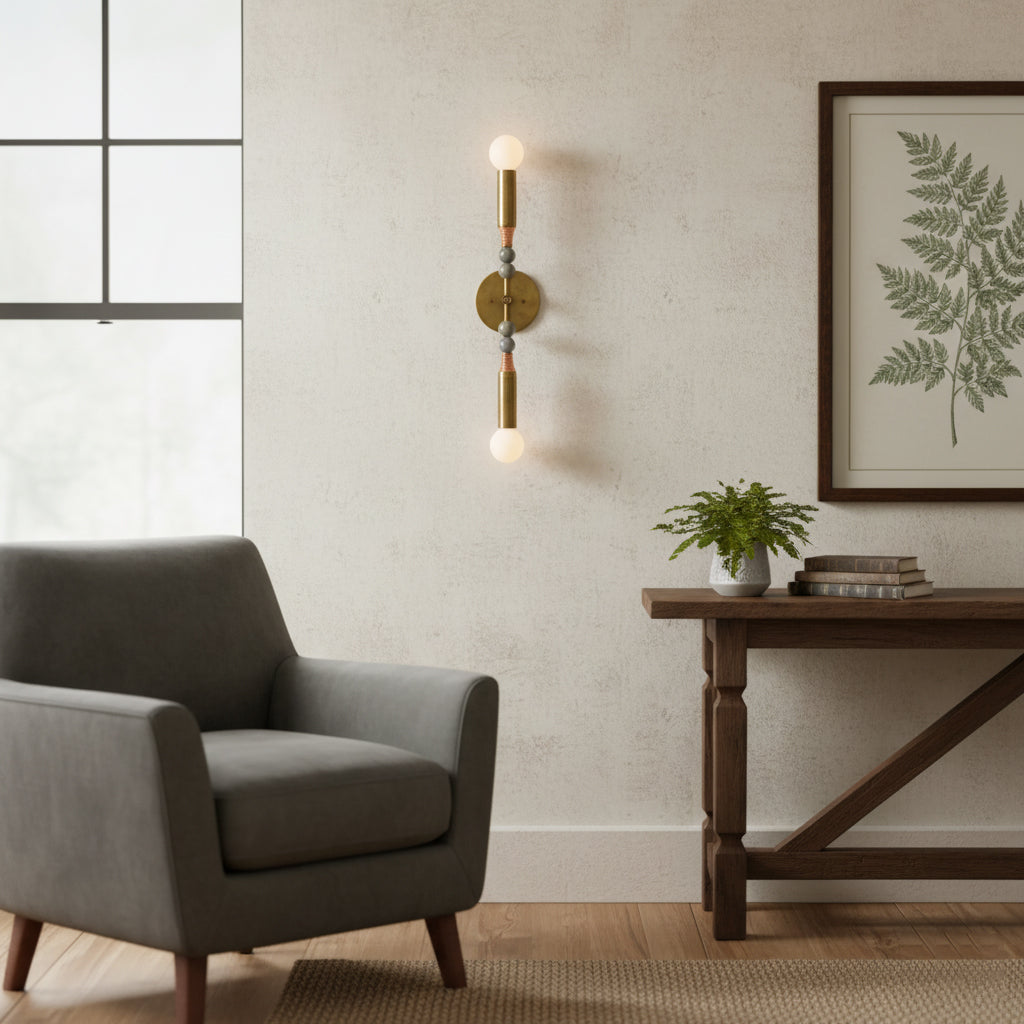 Toam Double Wall Lamp - Dual Light Solid Brass & Natural Marble Sconce | Architectural E26/E27 Wall Light