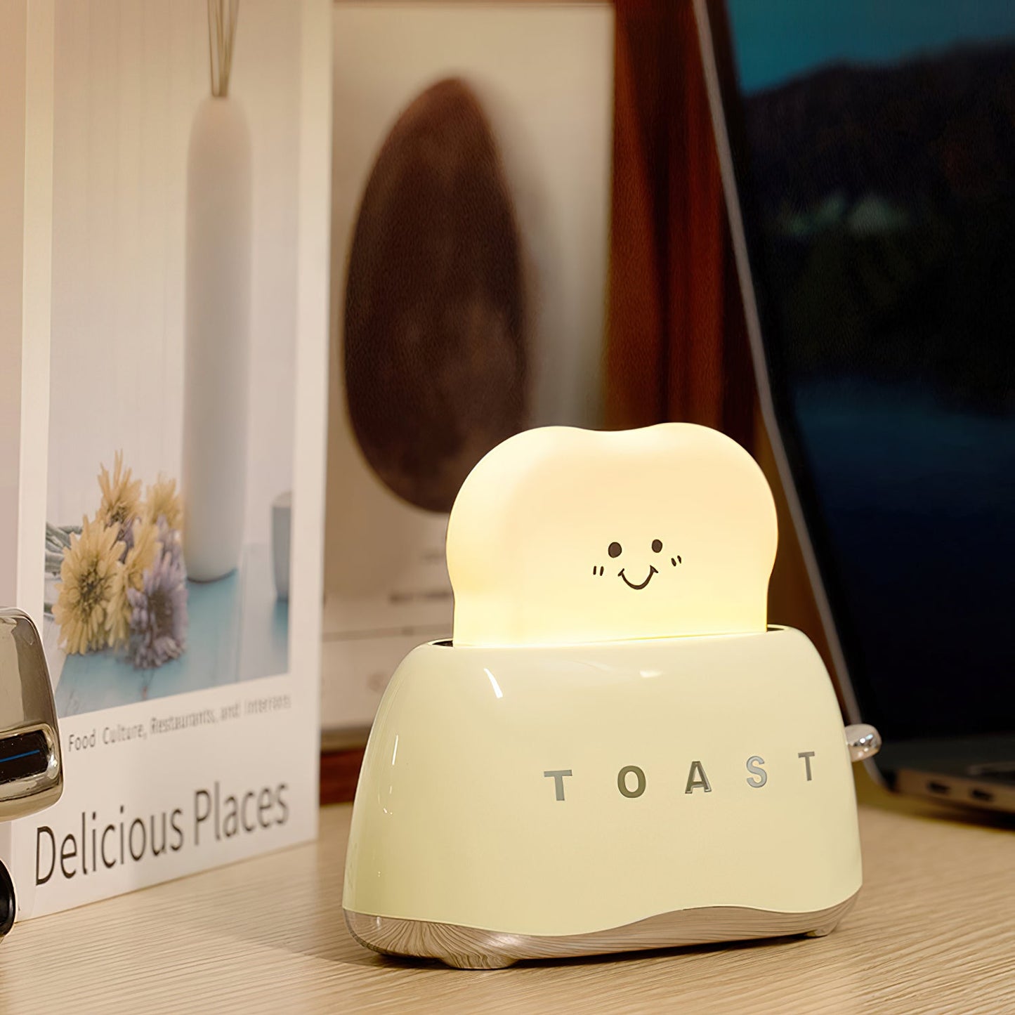 Toaster Table Lamp (Built-in Battery) - Rechargeable Mini Bread Maker Night Light | Cordless Dimmable Desk Lamp
