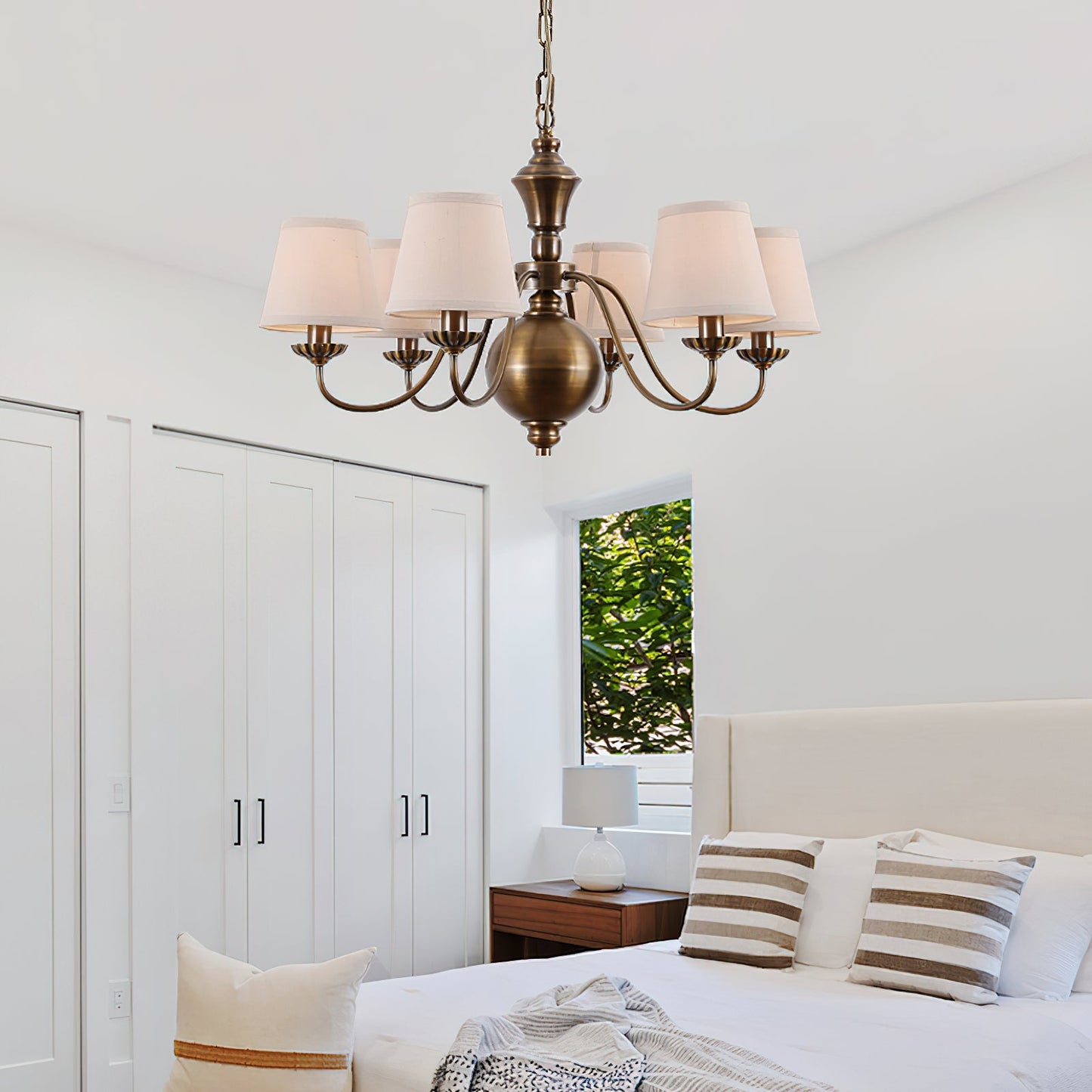 Tofty Chandelier - Classic Brass & Linen Fabric Lamp | Traditional Candelabra Pendant Light