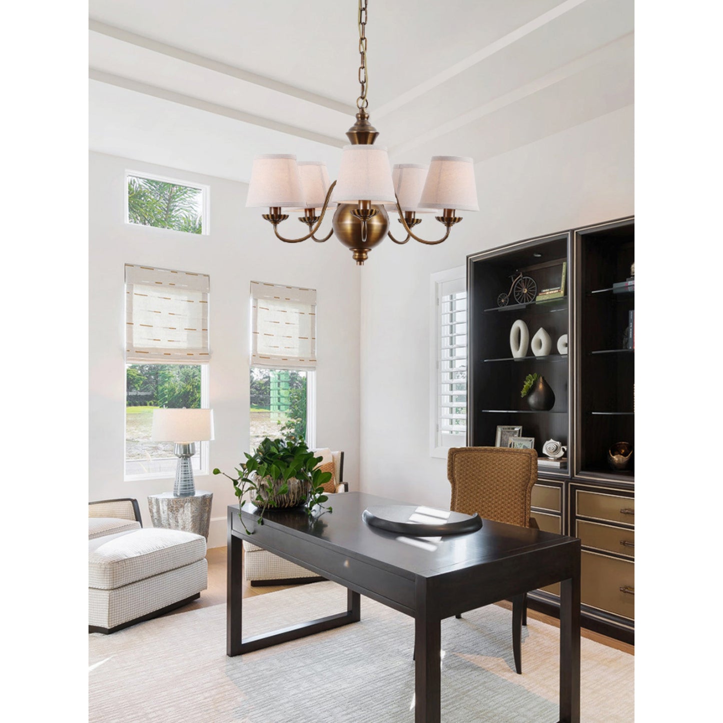 Tofty Chandelier - Classic Brass & Linen Fabric Lamp | Traditional Candelabra Pendant Light