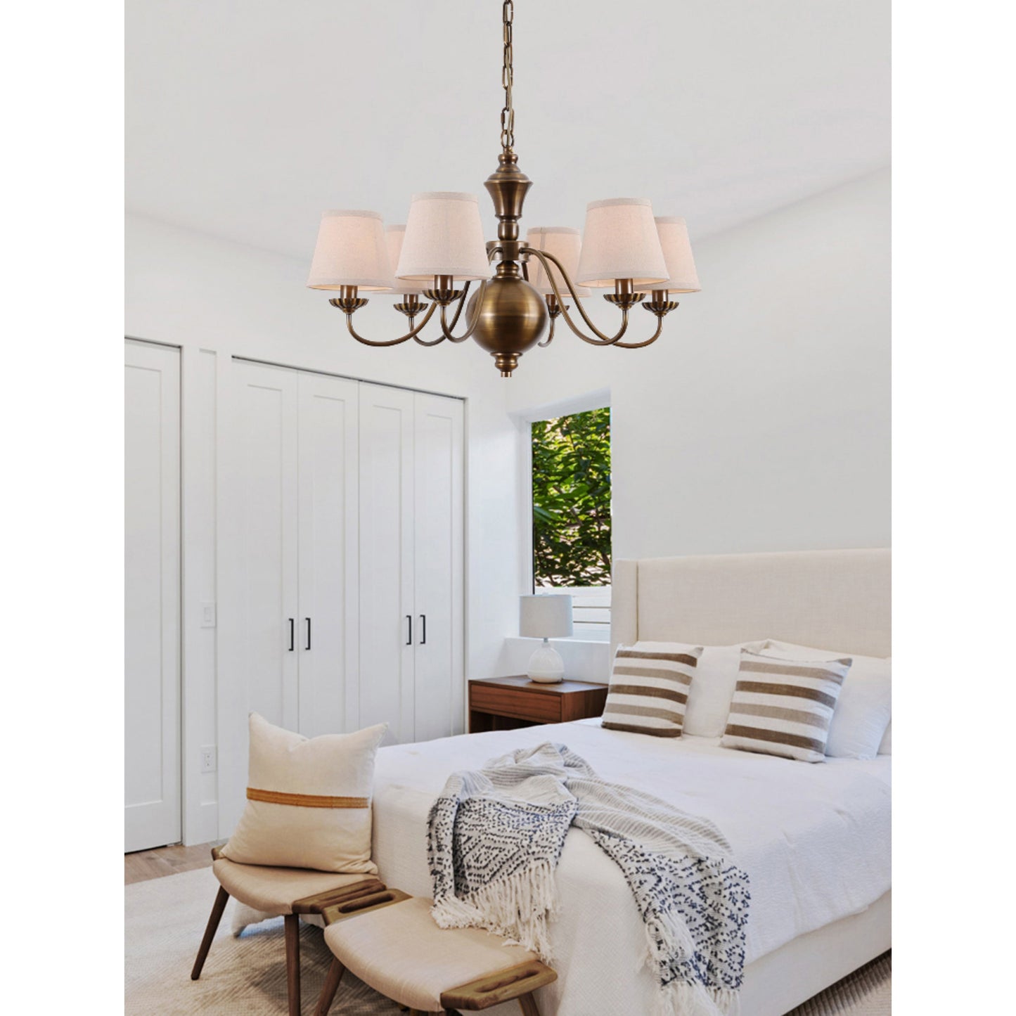 Tofty Chandelier - Classic Brass & Linen Fabric Lamp | Traditional Candelabra Pendant Light