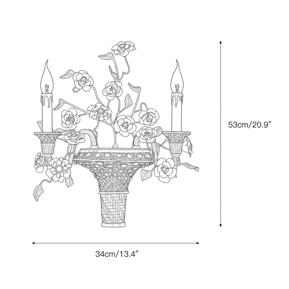 Tole Ceramic Flower Wall Lamp - Hand-Crafted Ceramic Floral Brass Sconce | 2-Light European Wall Light