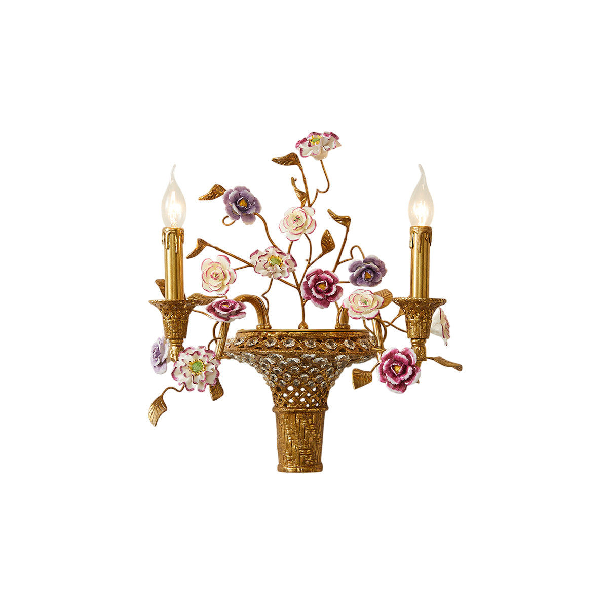 Tole Ceramic Flower Wall Lamp - Hand-Crafted Ceramic Floral Brass Sconce | 2-Light European Wall Light