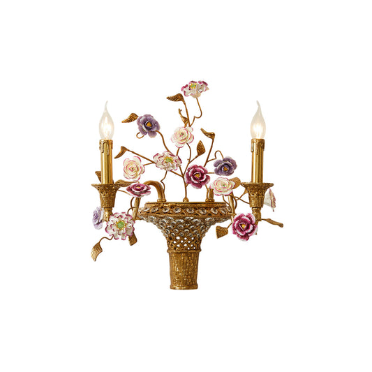 Tole Ceramic Flower Wall Lamp - Hand-Crafted Ceramic Floral Brass Sconce | 2-Light European Wall Light