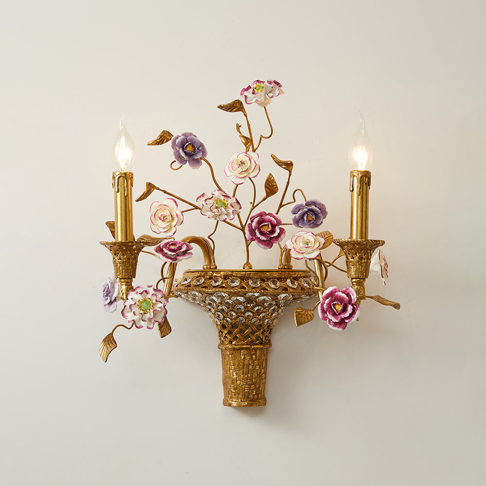 Tole Ceramic Flower Wall Lamp - Hand-Crafted Ceramic Floral Brass Sconce | 2-Light European Wall Light