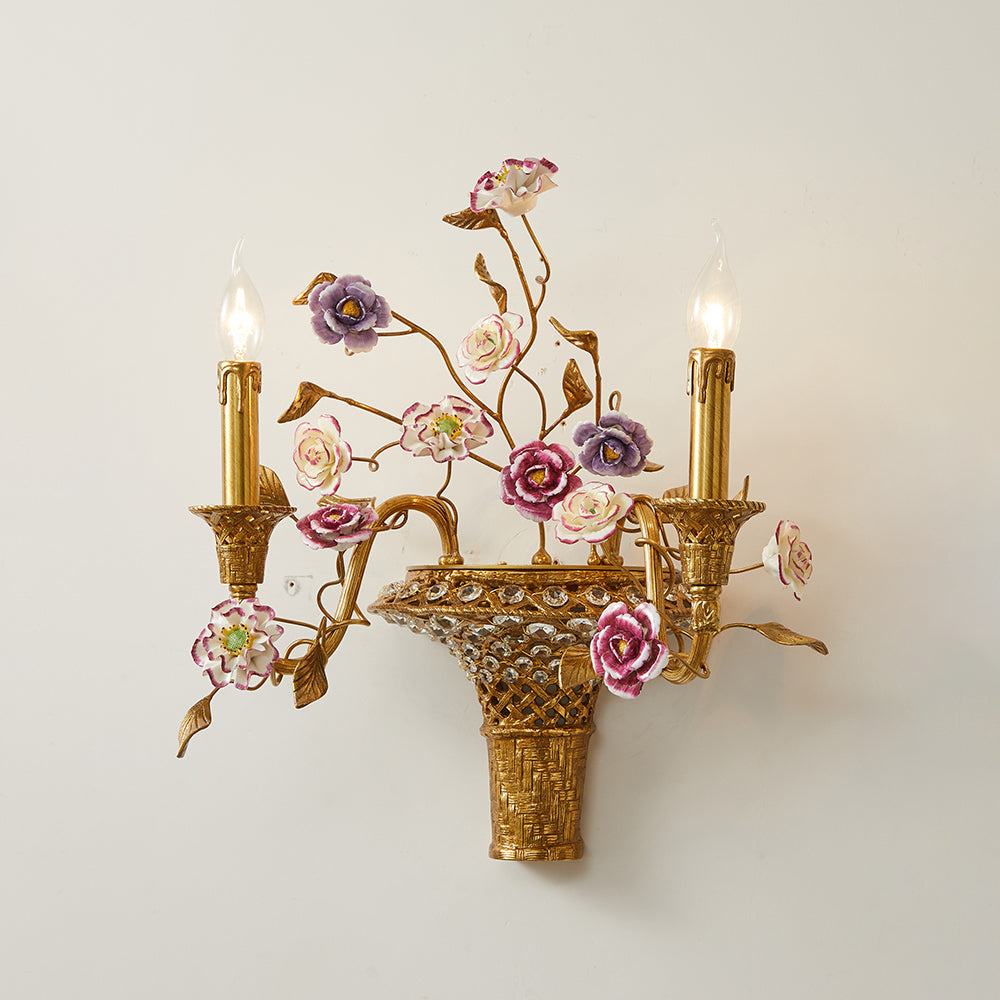 Tole Ceramic Flower Wall Lamp - Hand-Crafted Ceramic Floral Brass Sconce | 2-Light European Wall Light