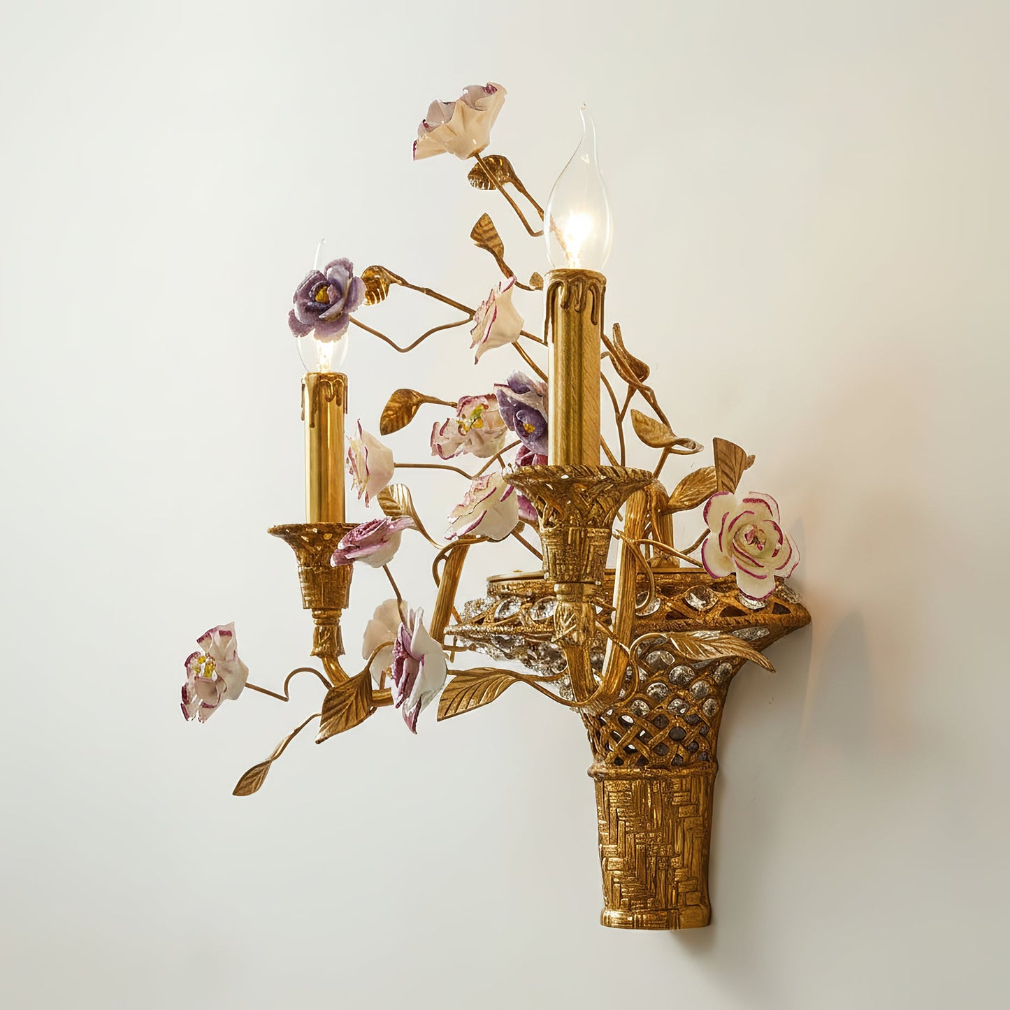 Tole Ceramic Flower Wall Lamp - Hand-Crafted Ceramic Floral Brass Sconce | 2-Light European Wall Light