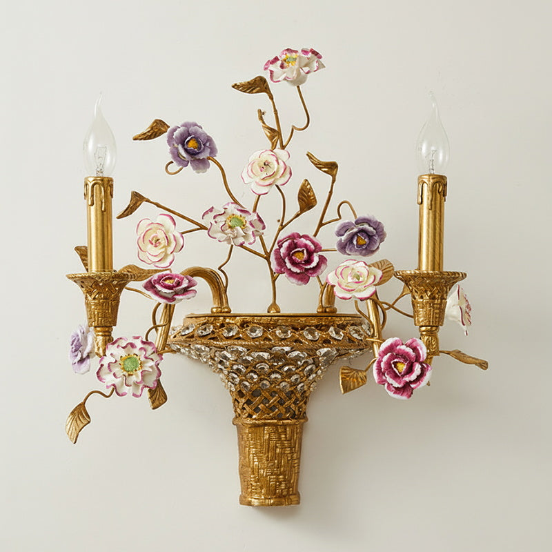 Tole Ceramic Flower Wall Lamp - Hand-Crafted Ceramic Floral Brass Sconce | 2-Light European Wall Light