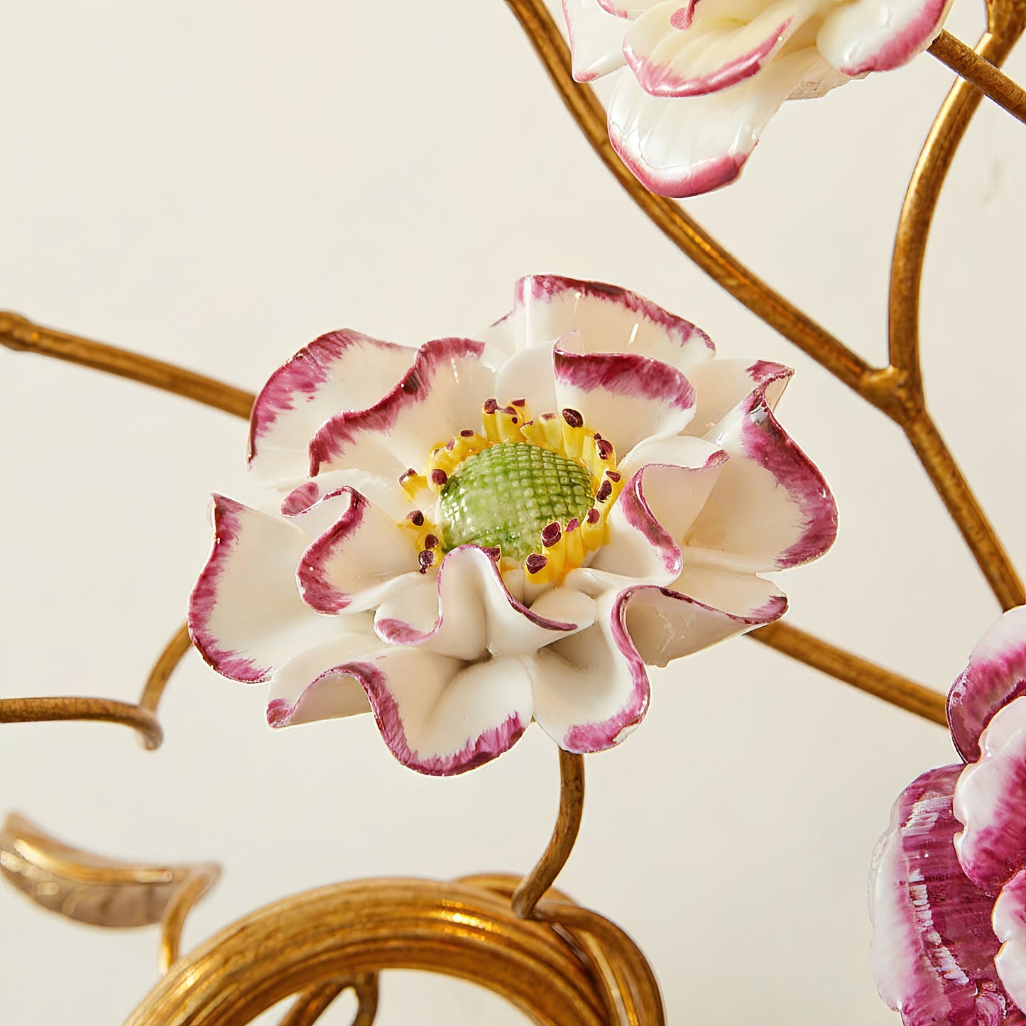 Tole Ceramic Flower Wall Lamp - Hand-Crafted Ceramic Floral Brass Sconce | 2-Light European Wall Light