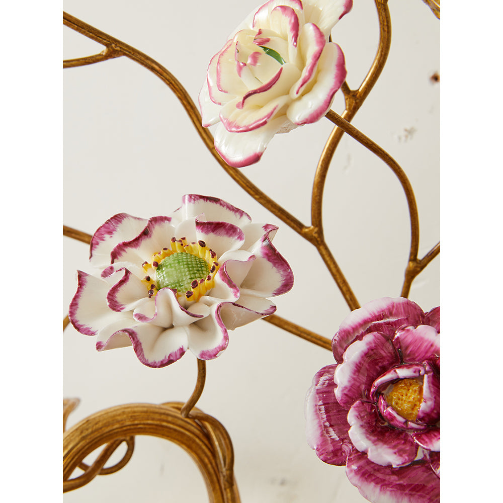 Tole Ceramic Flower Wall Lamp - Hand-Crafted Ceramic Floral Brass Sconce | 2-Light European Wall Light