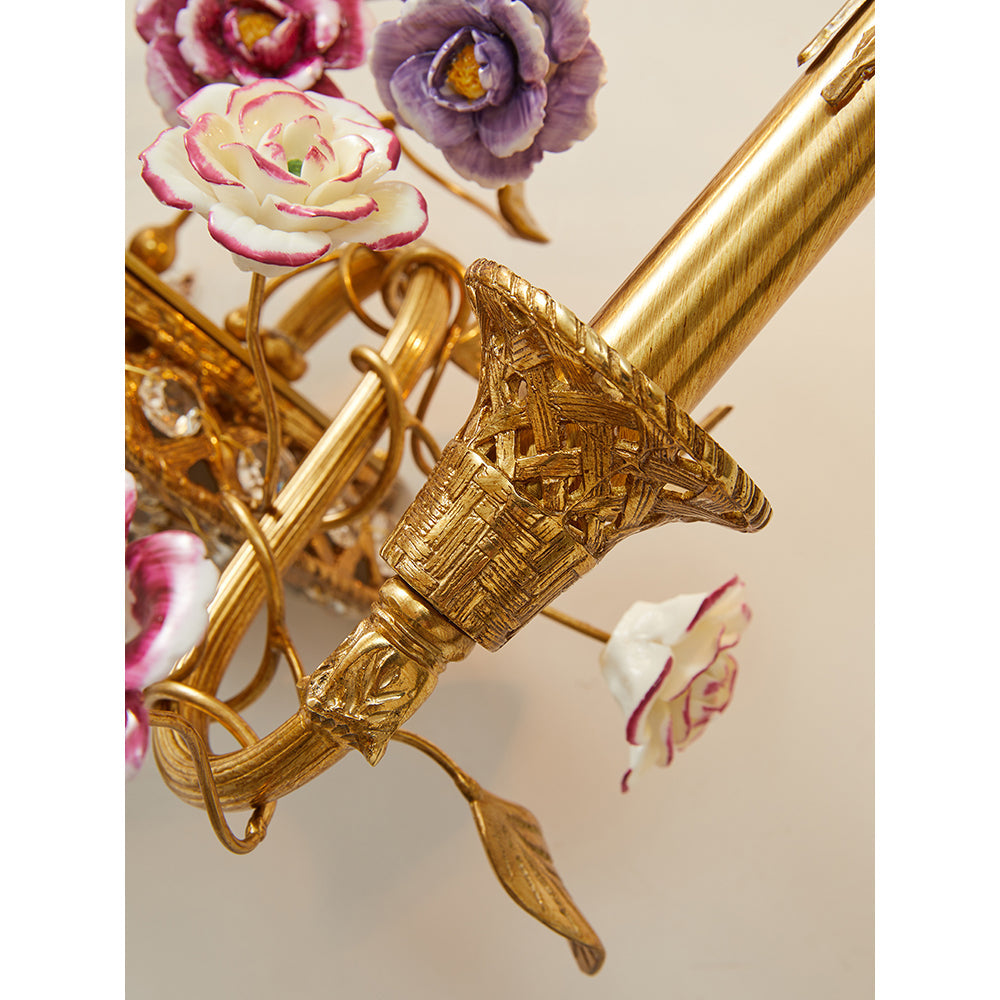 Tole Ceramic Flower Wall Lamp - Hand-Crafted Ceramic Floral Brass Sconce | 2-Light European Wall Light