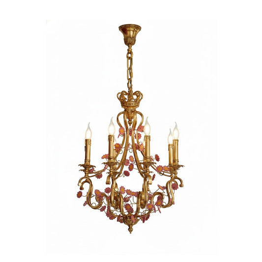 Tole Foliate Decorated Chandelier - Hand-Painted Botanical Brass & Ceramic Light | Vintage European Candelabra Pendant