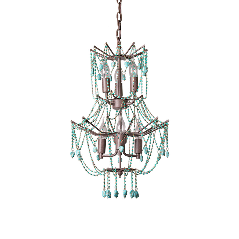 Toluca Turquoise Chandelier - Rust Iron & Turquoise Bead Light | Rustic Boho Southwestern Candelabra Pendant