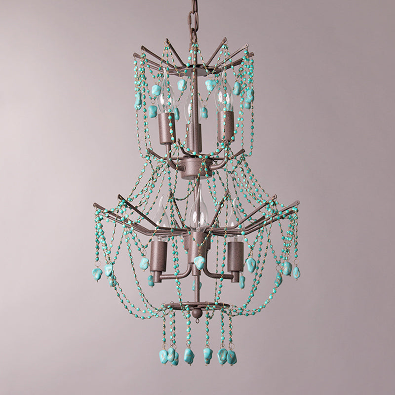 Toluca Turquoise Chandelier - Rust Iron & Turquoise Bead Light | Rustic Boho Southwestern Candelabra Pendant