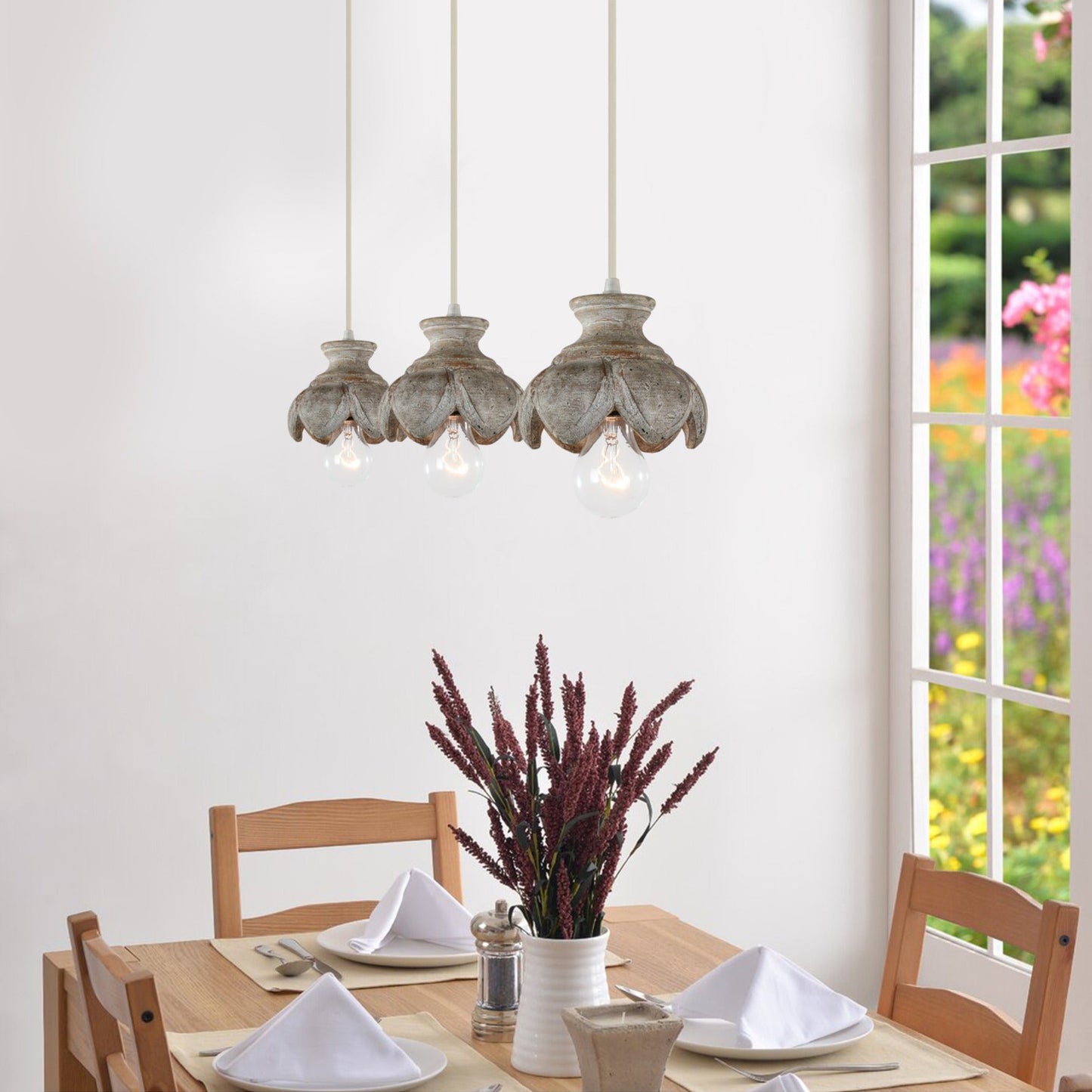 Tomiya Wood Swag Lights - Plug-In Carved Wood Pendant Light | Farmhouse Swag Hanging Lamp