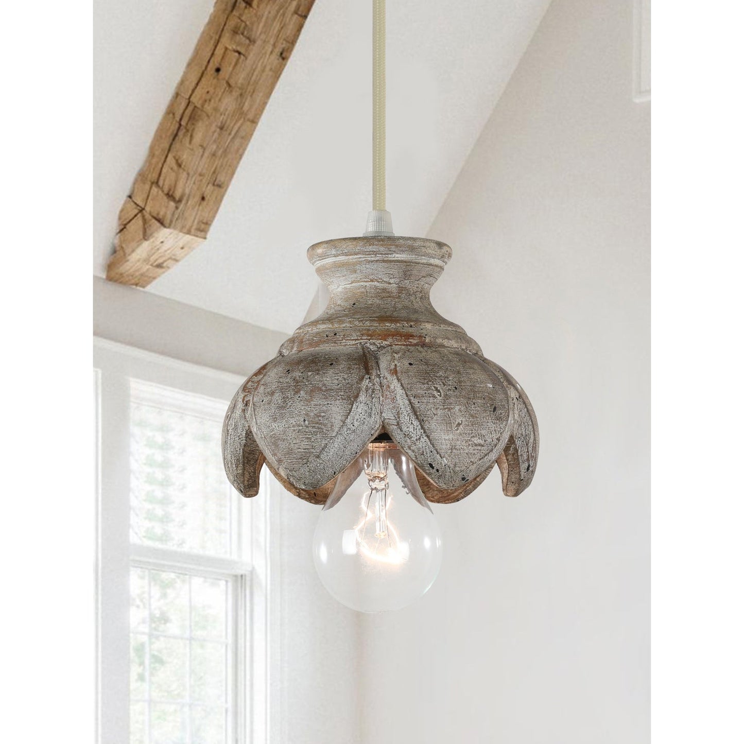 Tomiya Wood Swag Lights - Plug-In Carved Wood Pendant Light | Farmhouse Swag Hanging Lamp