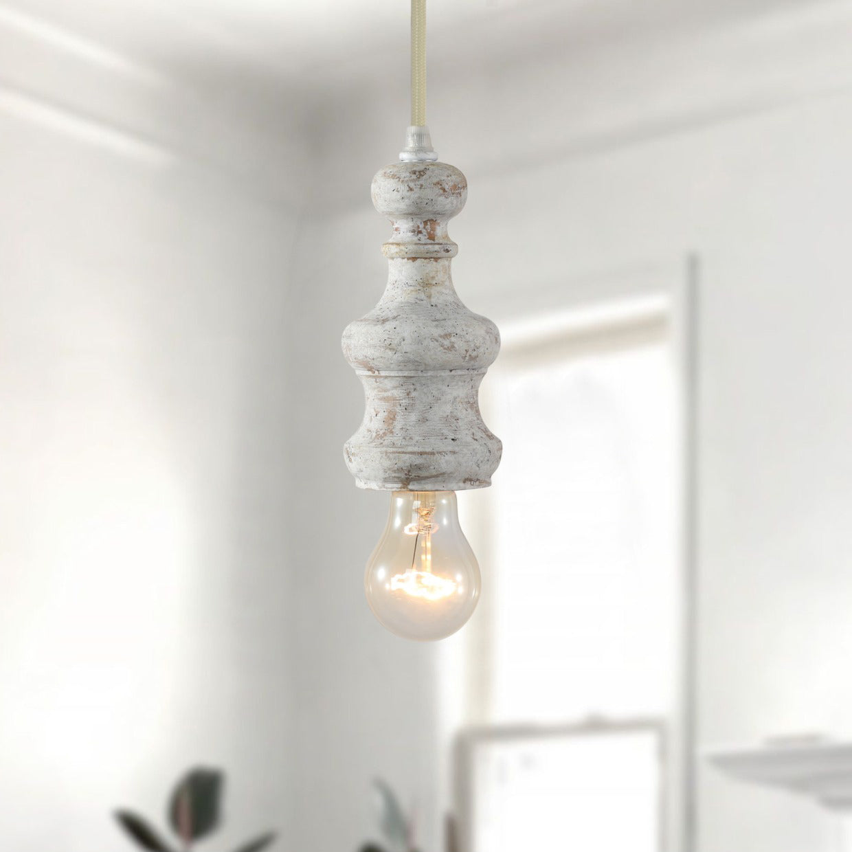 Tomiya Wood Swag Lights - Plug-In Carved Wood Pendant Light | Farmhouse Swag Hanging Lamp