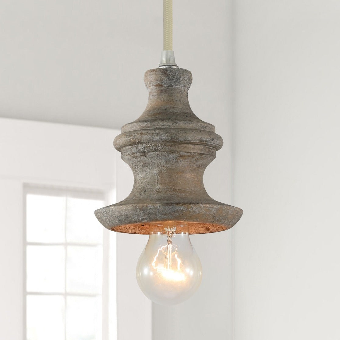 Tomiya Wood Swag Lights - Plug-In Carved Wood Pendant Light | Farmhouse Swag Hanging Lamp