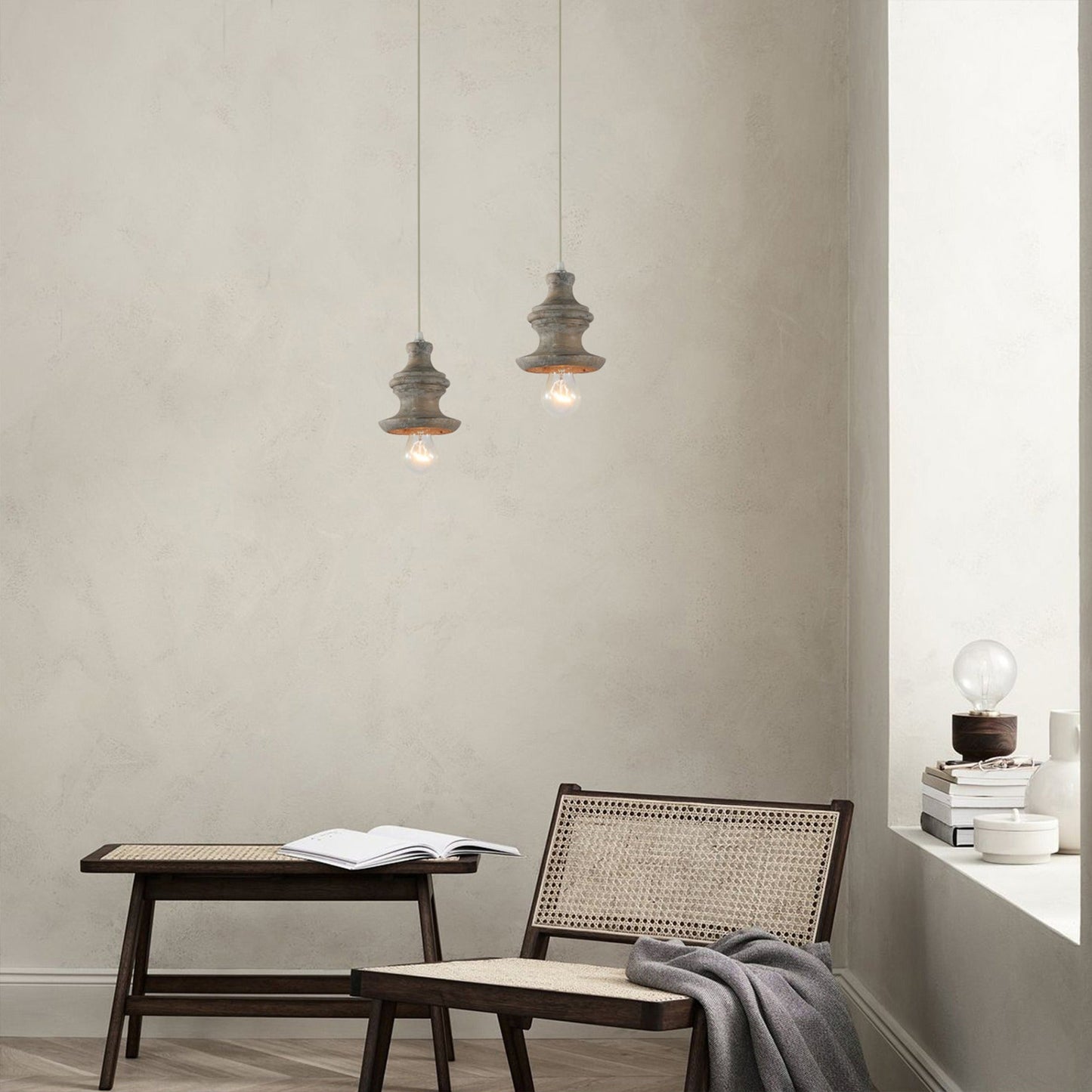 Tomiya Wood Swag Lights - Plug-In Carved Wood Pendant Light | Farmhouse Swag Hanging Lamp