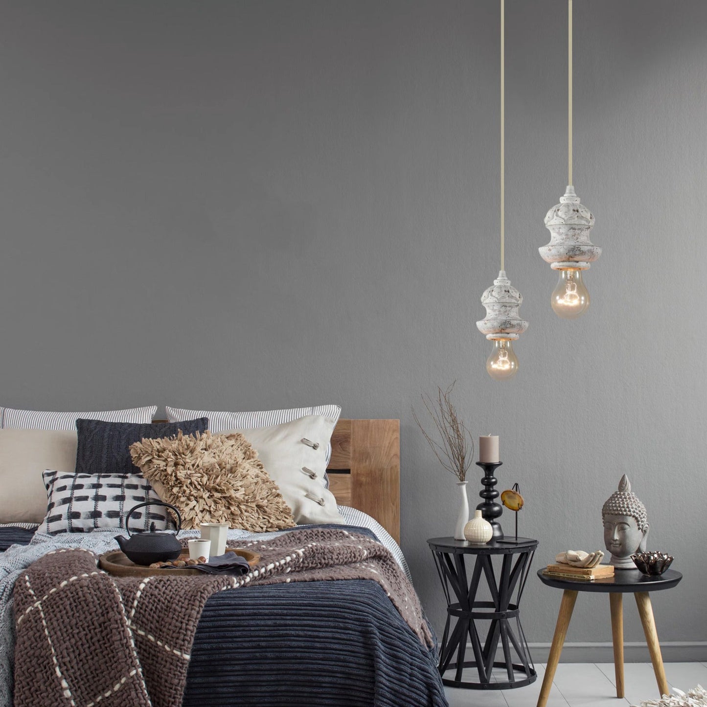 Tomiya Wood Swag Lights - Plug-In Carved Wood Pendant Light | Farmhouse Swag Hanging Lamp