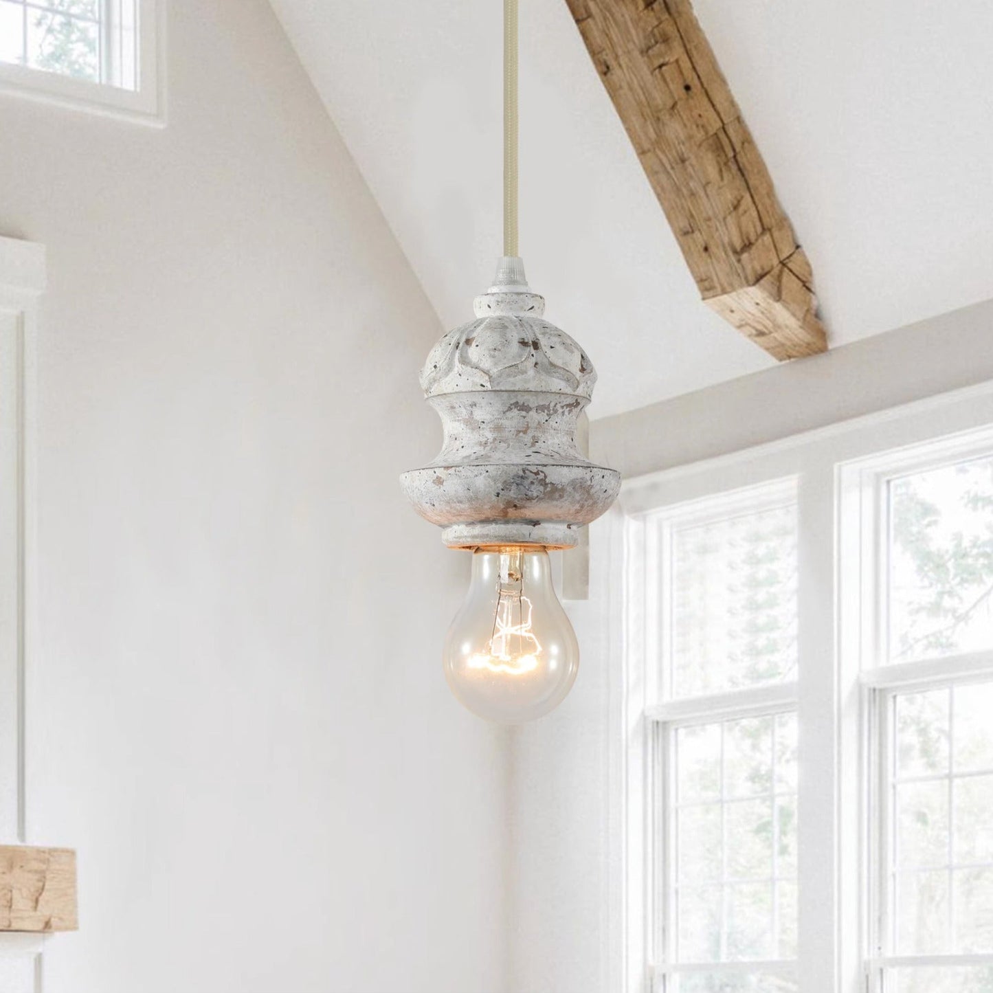 Tomiya Wood Swag Lights - Plug-In Carved Wood Pendant Light | Farmhouse Swag Hanging Lamp