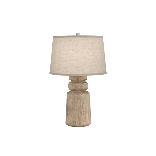 Totem Natural Wood Table Lamp - Sculpted Solid Wood Accent Lamp | Rustic Oatmeal Drum Shade Desk Light
