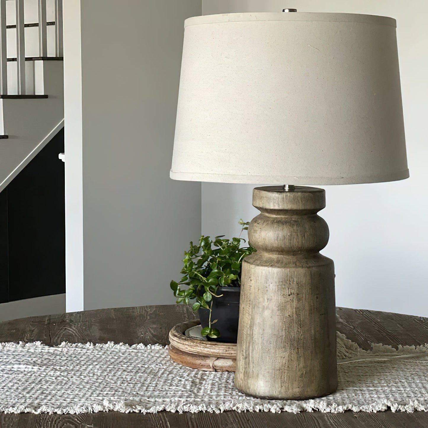 Totem Natural Wood Table Lamp - Sculpted Solid Wood Accent Lamp | Rustic Oatmeal Drum Shade Desk Light