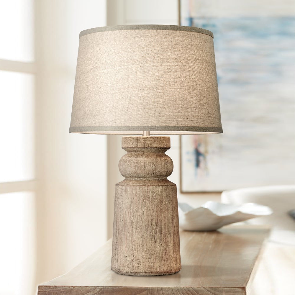 Totem Natural Wood Table Lamp - Sculpted Solid Wood Accent Lamp | Rustic Oatmeal Drum Shade Desk Light