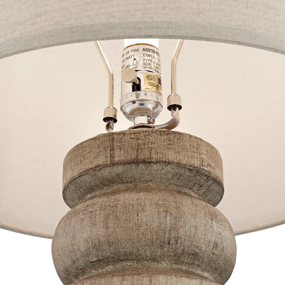 Totem Natural Wood Table Lamp - Sculpted Solid Wood Accent Lamp | Rustic Oatmeal Drum Shade Desk Light